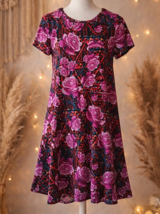 LuLaRoe Dresses & Skirts - LuLaRoe Pink Floral Geometric Simply Comfortable Stretch Dress XS Boho Retro
